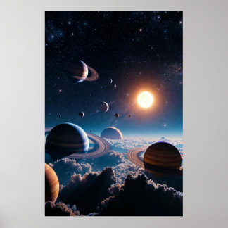 Ringed Worlds Above the Clouds – Cosmic Planetary  Poster