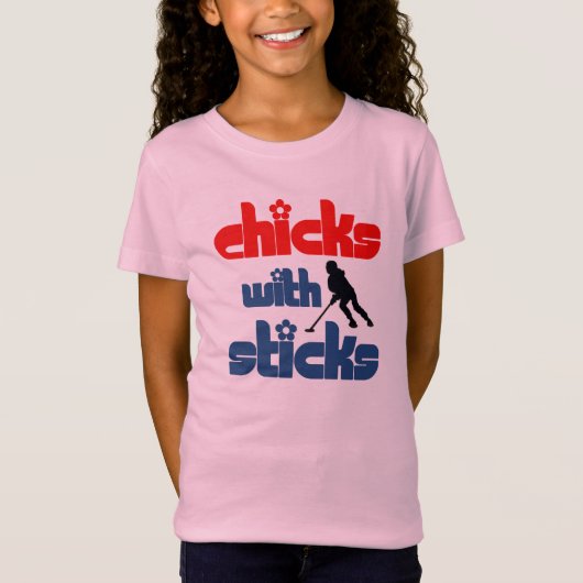Ringette "Chicks with Sticks" Girls Ringer T-Shirt (Voorkant)