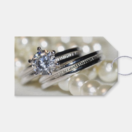 Rings en White Pearls Wedding Favor Labels Cadeaulabel (Voorkant (Horizontaal))