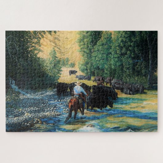 Ringvee bestuurt Angus en paard op de rivier Legpuzzel (Horizontaal)