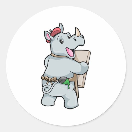 Rino bij het schilderen met kleuren ronde sticker (Voorkant)