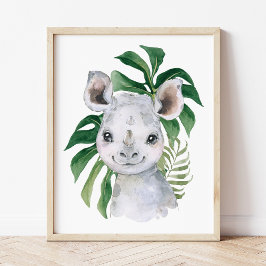 Rino, Oerwouden, Safari-dieren, palmbladeren Poster