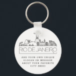 Rio De Janeiro Stylized Skyline | Aangepaste sloga Sleutelhanger<br><div class="desc">Een unieke sleutelketen die de prachtige stad Rio De Janeiro in Brazilië vertegenwoordigt. Deze sleutelhanger bevat een gestileerde illustratie van de unieke skyline van de stad met de naam eronder. Onder de stadsnaam bevindt zich een plek voor je unieke slogan of verklaring over je favoriete stad.</div>