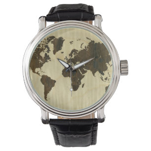 Rio Rosewood en Curly Maple Wereldkaart Horloge