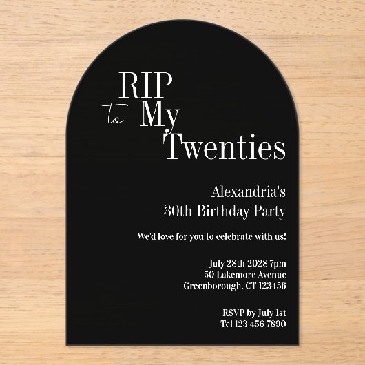 RIP 20s 30th Birthday Party Zwart-wit Acryl Uitnodigingen (Voorkant)