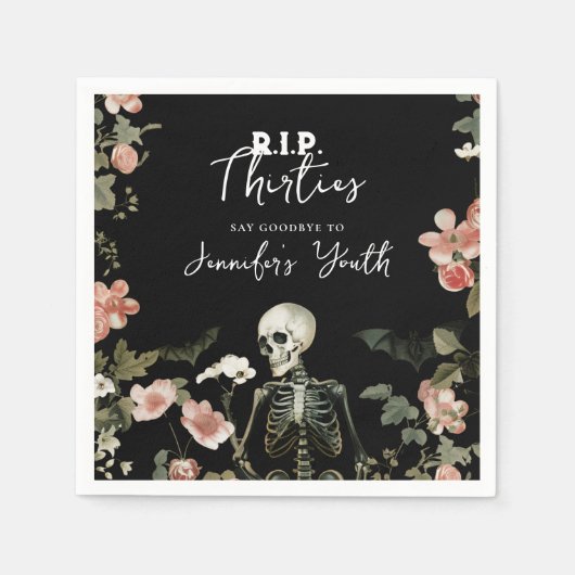 RIP 30s Skeleton Roze Bloemen 40e Verjaardagsfeest Servet (Voorkant)