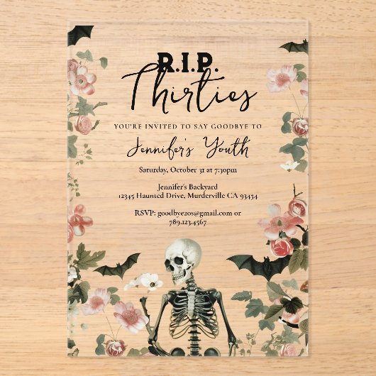 RIP Dertiger Black Skeleton 40ste verjaardagsfeest Acryl Uitnodigingen (Voorkant)