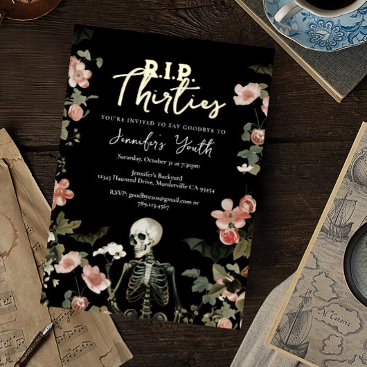 RIP Dertiger Bloemenskelet 40e Verjaardagsfeestje Folie Uitnodiging