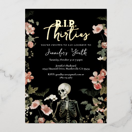 RIP Dertiger Bloemenskelet 40e Verjaardagsfeestje Folie Uitnodiging (Voorkant)