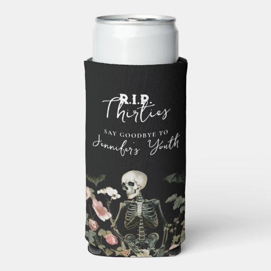RIP Dertiger Gotisch Skelet Bloemen Verjaardag Seltzer Blikjeskoeler (Seltzer Voorkant)
