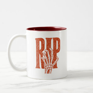 RIP Skelet Hand Halloween Linocut Ontwerp Tweekleurige Koffiemok