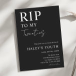 RIP Twenties 20s Moderne Eenvoudige 30e Verjaardag Kaart<br><div class="desc">Rouw om het verlies van je twintiger jaren met onze RIP Twenties 20s Moder Simple 30th Birthday Invitation. Dit minimalistische ontwerp heeft een opvallende zwart-witte esthetiek, die de sombere toon van de gelegenheid vastlegt. De uitdrukking "RIP Twenties" wordt prominent weergegeven in script en cursieve typografie. Voor meer producten bezoek mijn...</div>