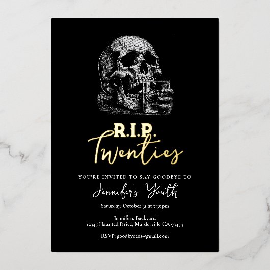 RIP Twenties Black Gold Skull 30e verjaardagsfeest Folie Uitnodiging (Voorkant)