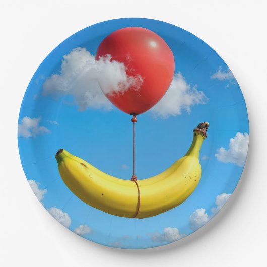 Ripe Banana Floating In Sky with Red Balloon Papieren Bordje (Voorkant)