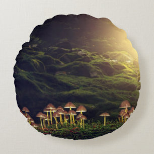 Ripe wilde paddenstoelen in het bos rond kussen