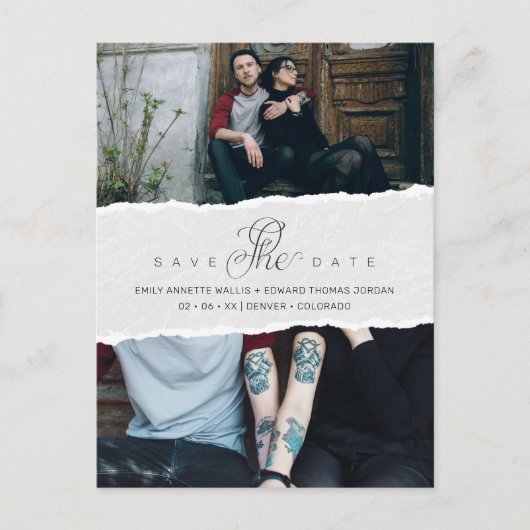 Ripped Paper Effect Wedding Custom Photo Script Uitnodiging Briefkaart (Voorkant)