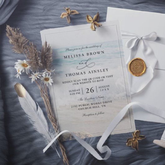 Rippled Sand Aqua Water Modern QR Code Wedding Kaart