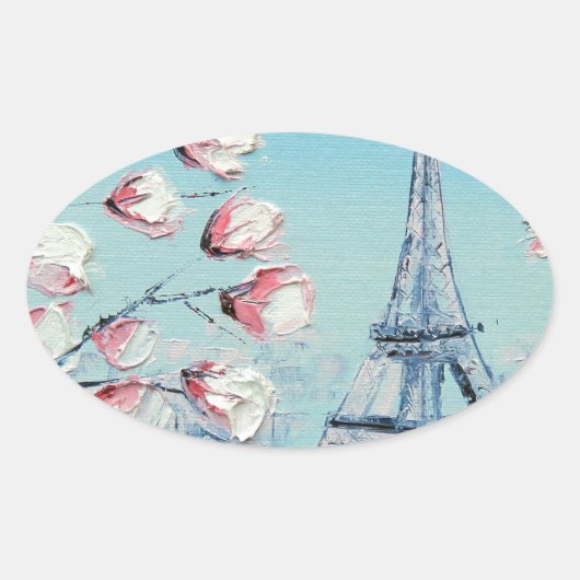 ris Lente schilderij, Eiffeltoren Kersenbloesems Ovale Sticker (Voorkant)
