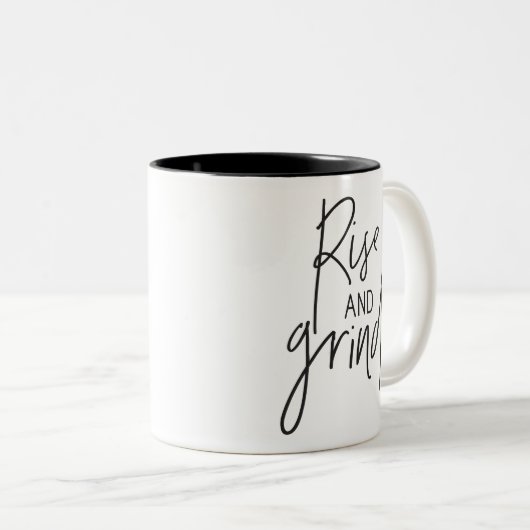 RISE AND GRIND moderne chique hand geletterd zwart Tweekleurige Koffiemok (Voorkant rechts)