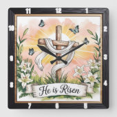 Risen Cross Lelies Pasen Vierkante Klok (Voorkant)