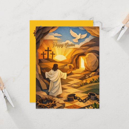 Risen Jesus Empty Tomb 3D Easter Flat Card (Voorkant / Achterkant in situ)