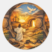 Risen Jesus & Empty Tomb 3D Papercut Easter Ronde Sticker (Voorkant)