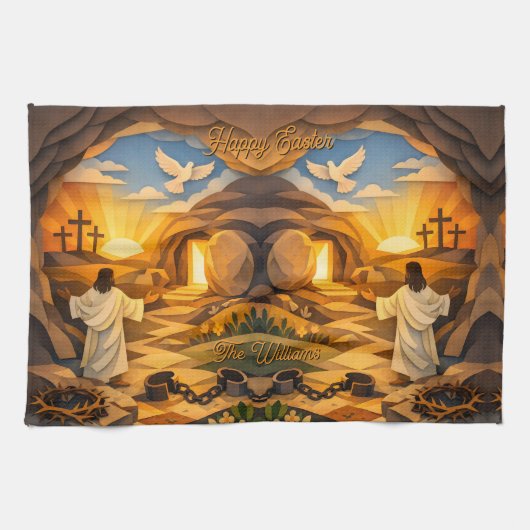 Risen Jesus Empty Tomb 3D Papercut Easter Theedoek (Horizontaal)