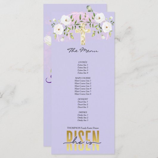 Risen Religieus Christelijk Quote Lavendel Pasen Menu (Voorkant / Achterkant)