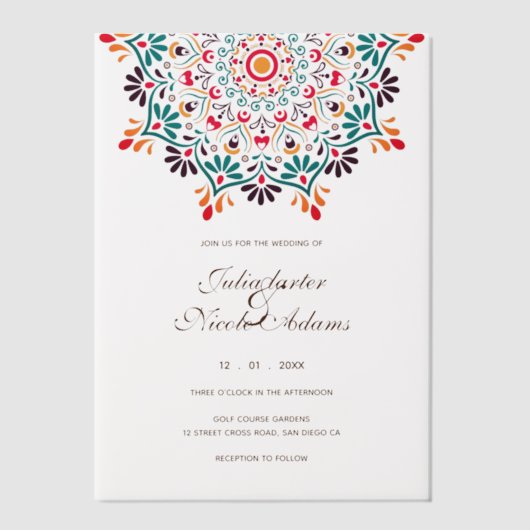 Rising Boho Indian Fusion Floral Mandala Wedding Vellum Uitnodigingen (Voorkant)