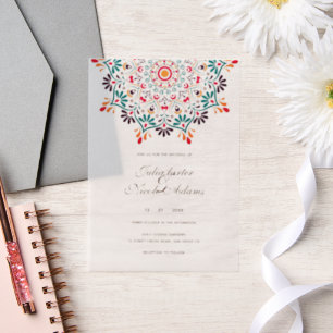 Rising Boho Indian Fusion Floral Mandala Wedding Vellum Uitnodigingen