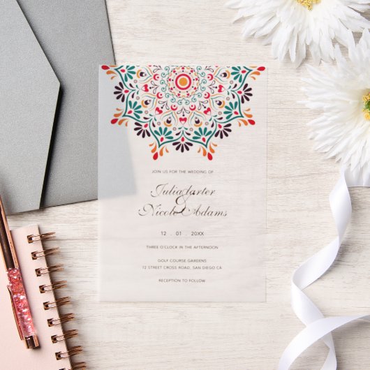 Rising Boho Indian Fusion Floral Mandala Wedding Vellum Uitnodigingen (Huwelijk)