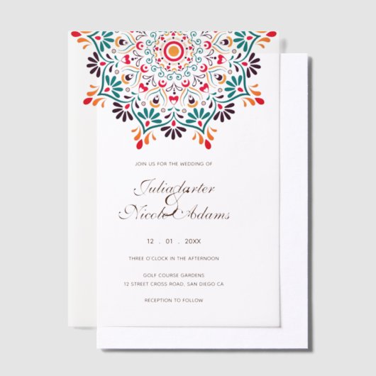 Rising Boho Indian Fusion Floral Mandala Wedding Vellum Uitnodigingen (Offset)