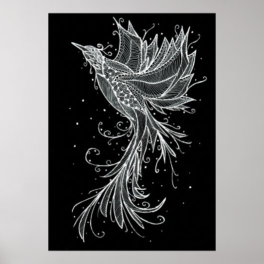 Rising Phoenix wit op zwart Poster (Voorkant)