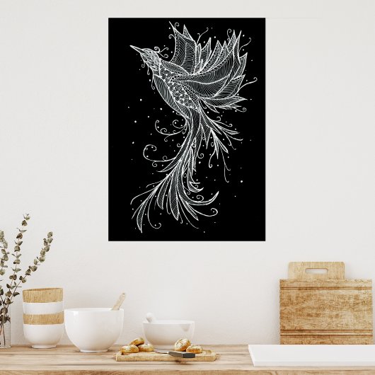 Rising Phoenix wit op zwart Poster (Keuken)