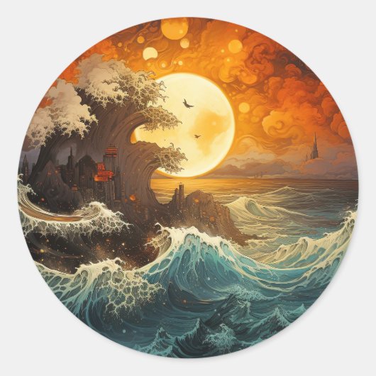Rising Sun Wave Yin Yang Martial Arts Ronde Sticker (Voorkant)