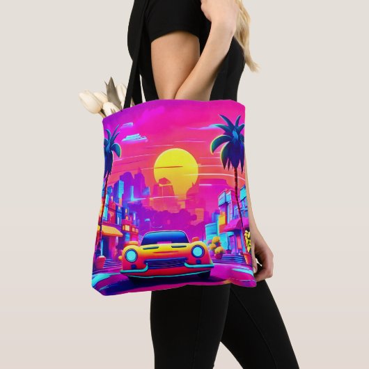 Rit door Neon Sunset City Tote Bag (Dichtbij)