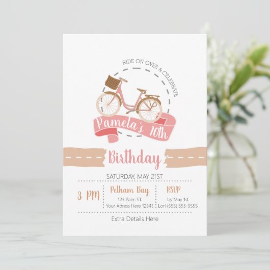 Rit op over fiets verjaardag uitnodiging | roze (Staand voorkant)