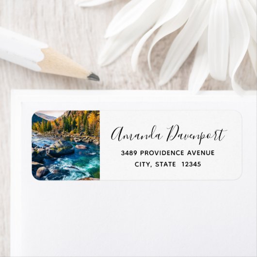 River and Mountains Schilderachtig fotoadres Etiket (Insitu)
