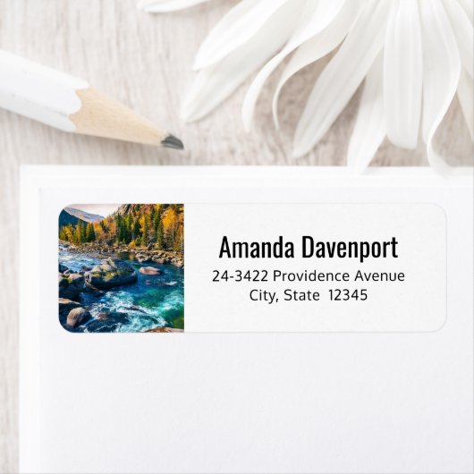 River and Mountains Schilderachtig fotoadres Etiket (Insitu)