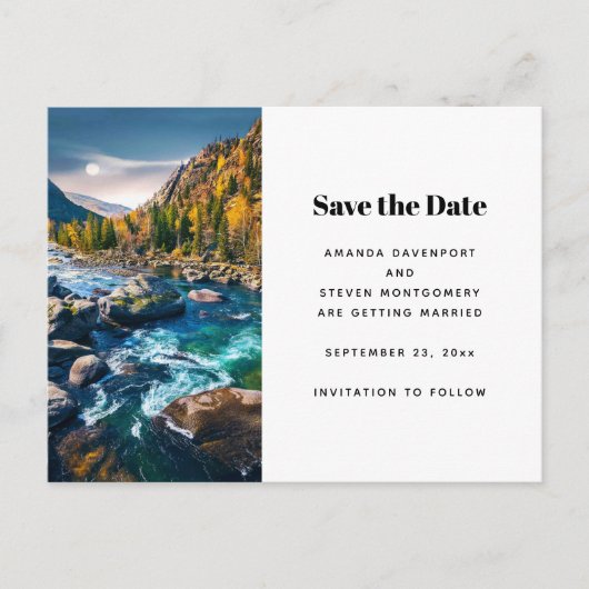River and Mountains Schilderachtig Fotobruiloft Aankondigingskaart (Voorkant)