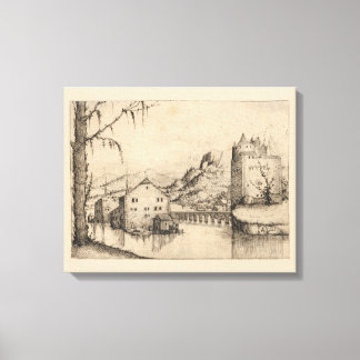 River & Buildings - 16e-eeuwse Duitse inktprint Canvas Afdruk
