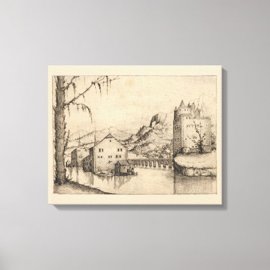 River & Buildings - 16e-eeuwse Duitse inktprint Canvas Afdruk (Voorkant)