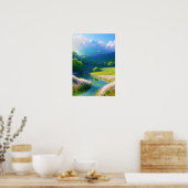 River, Flowers en Cloudy Mountains Poster (Keuken)