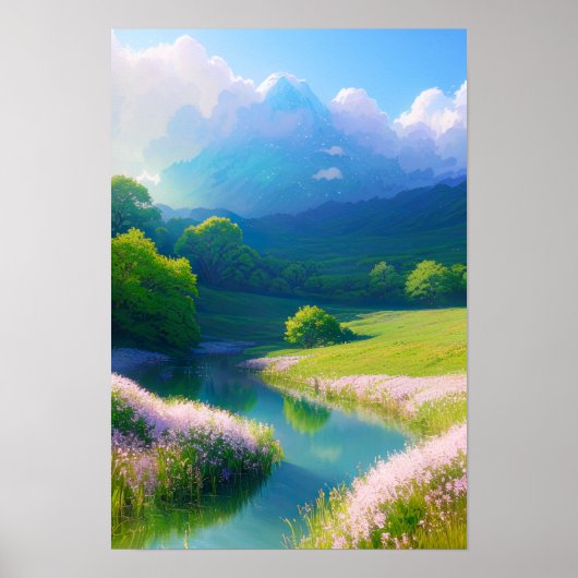 River, Flowers en Cloudy Mountains Poster (Voorkant)