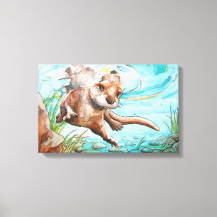 River Otter aquarel schilderij - Canvas Print