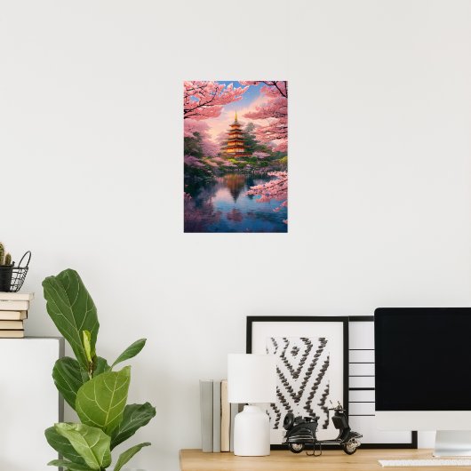 River, Pagoda en Cherry Blossom Poster (Thuiskantoor)