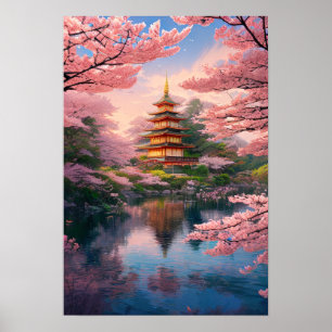 River, Pagoda en Cherry Blossom Poster