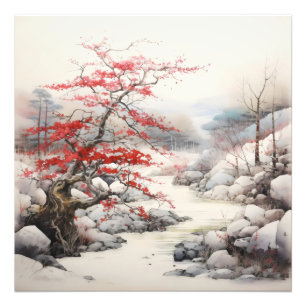 River Red Tree Ink Painting Foto Afdruk