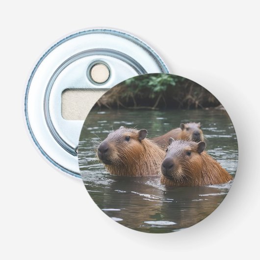 River Serenity: Capybaras Zwemmen in de Flow Button Flesopener (Voorkant)