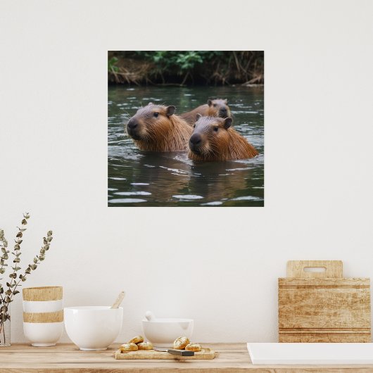 River Serenity: Capybaras Zwemmen in de Flow Poster (Keuken)